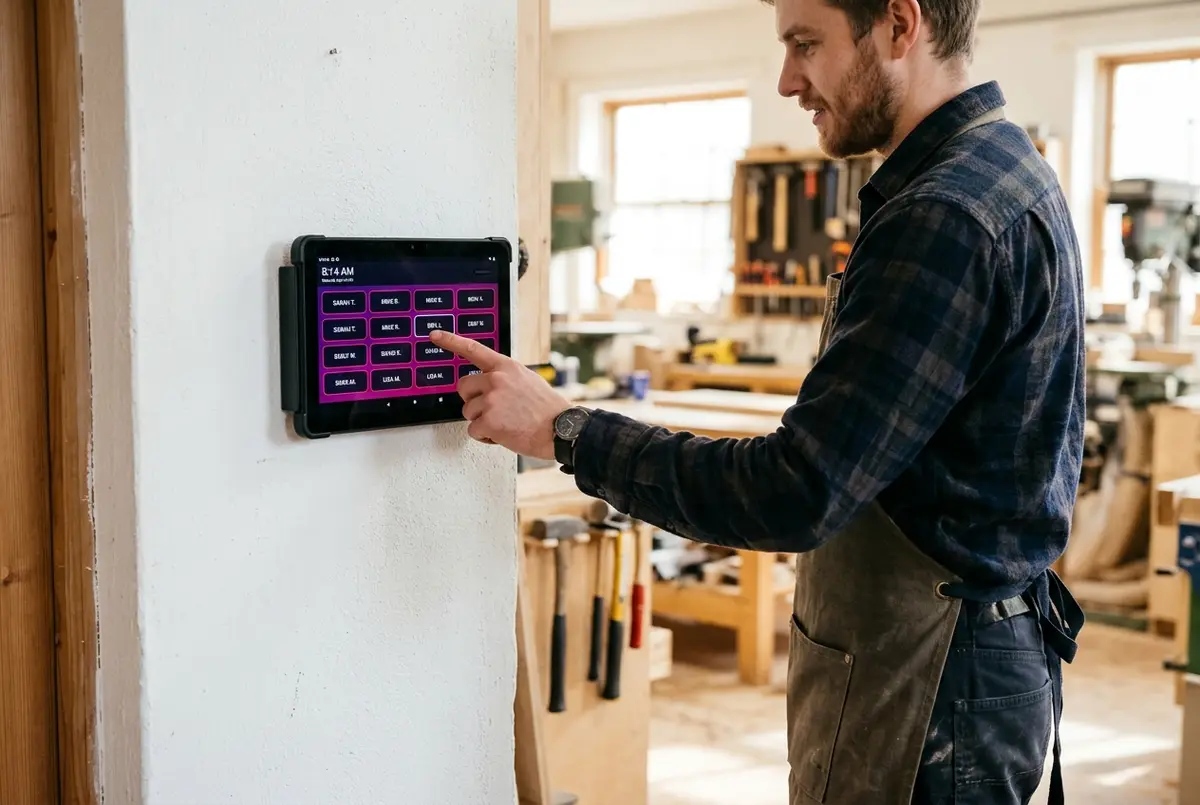 Mitarbeiter stempelt am worktrackr Terminal – 10-Zoll-Tablet an der Wand der Werkstatt